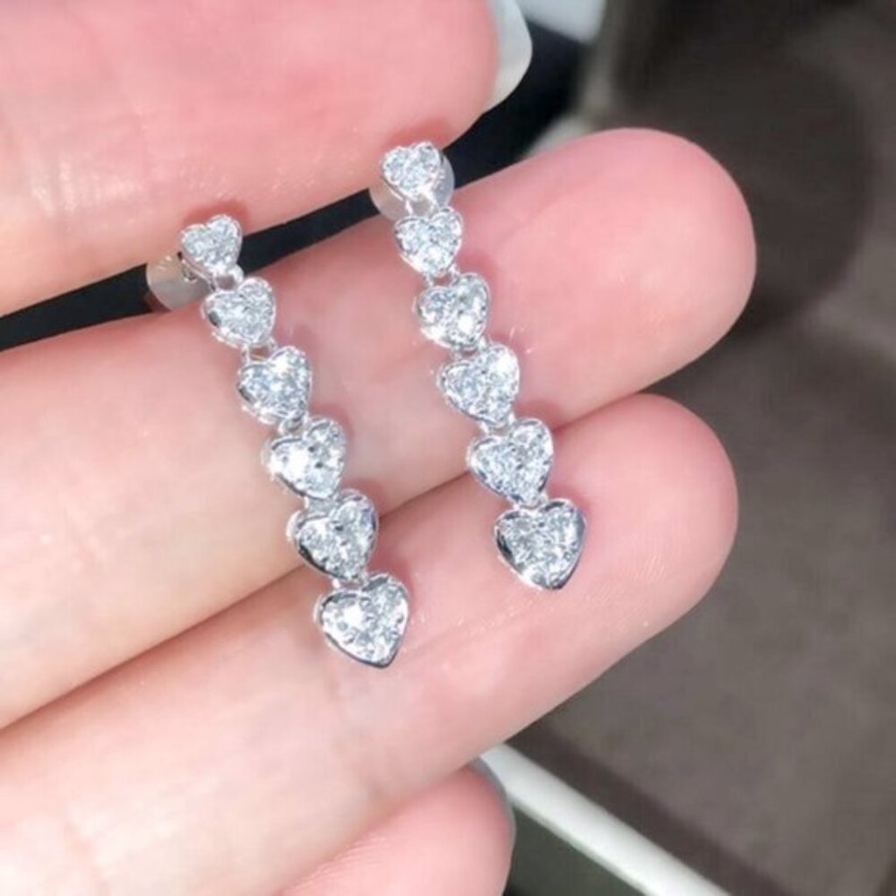 Gorgeous 925 Silver Diamond Multi Heart Drop Earrings